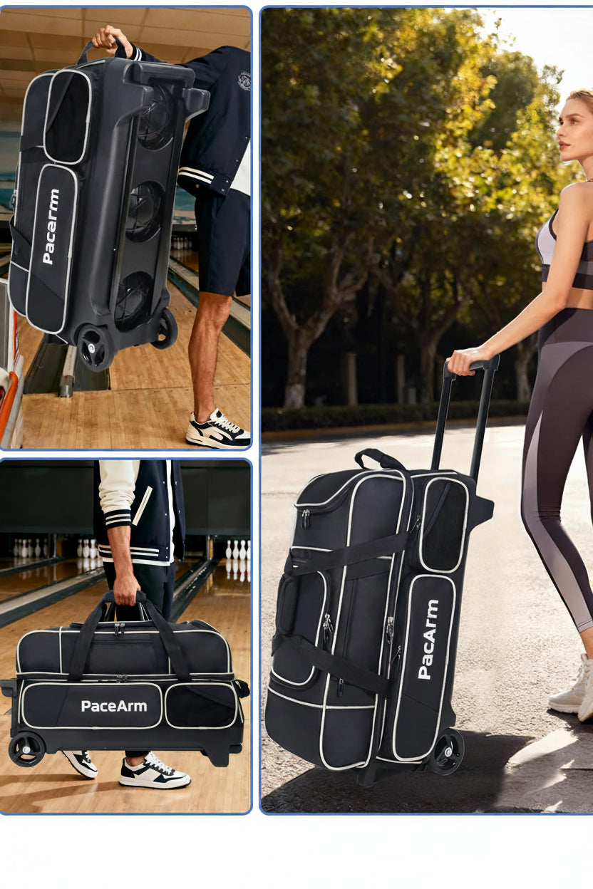 3 Ball Bowling Bags with Wheels & Shoe Pocket, Premium Bowling Ball Bag 3 Ball Roller, Effortless-Rolling 3 Ball Bowling Bag w/Multi-Storage Pockets & Telescopic Handle Extends to 40''