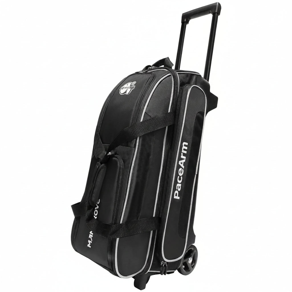 PaceArm 3 Ball Bowling Bag with Wheels & Shoe Compartment, Deluxe Bowling Ball Bag 3 Ball Roller, Rolling Triple-Ball Bag w/Accessory Pocket & Retractable Handle Extends to 40''