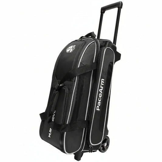 PaceArm 3 Ball Bowling Bag with Wheels & Shoe Compartment, Deluxe Bowling Ball Bag 3 Ball Roller, Rolling Triple-Ball Bag w/Accessory Pocket & Retractable Handle Extends to 40''