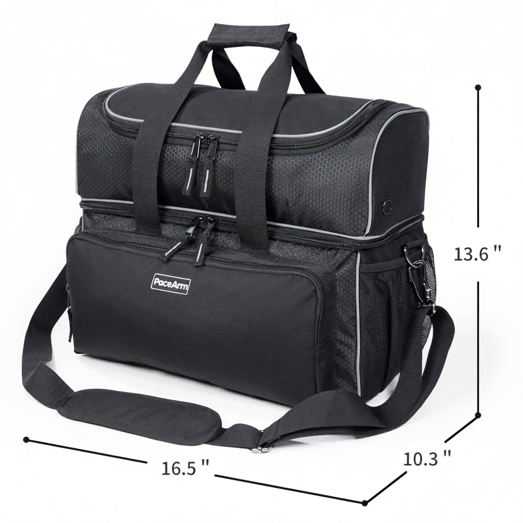 PaceArm 2 Ball Bowling Bag - Double Bowling Ball Bag with Dual Padded Holder & Mutiple Pockets - Fits Shoes Up to Mens Size 16 and Accessories