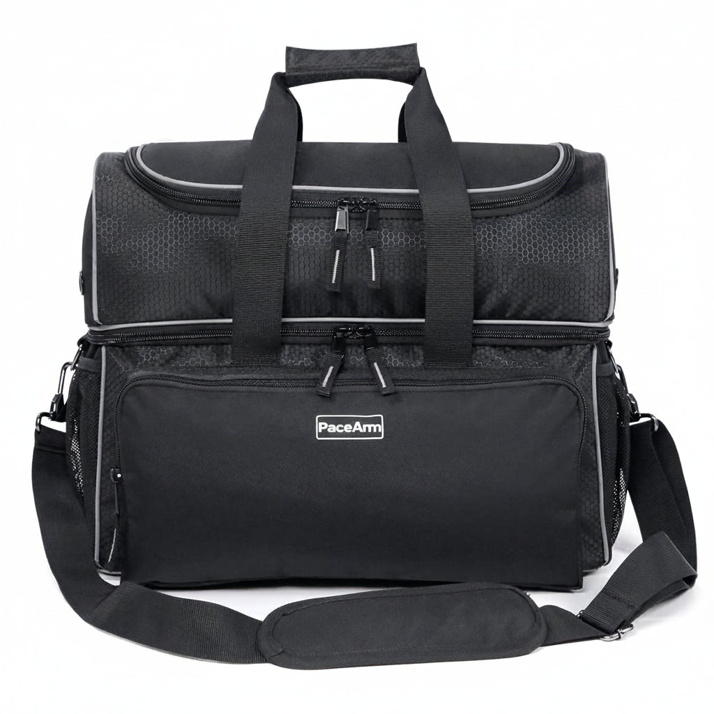 PaceArm 2 Ball Bowling Bag - Double Bowling Ball Bag with Dual Padded Holder & Mutiple Pockets - Fits Shoes Up to Mens Size 16 and Accessories