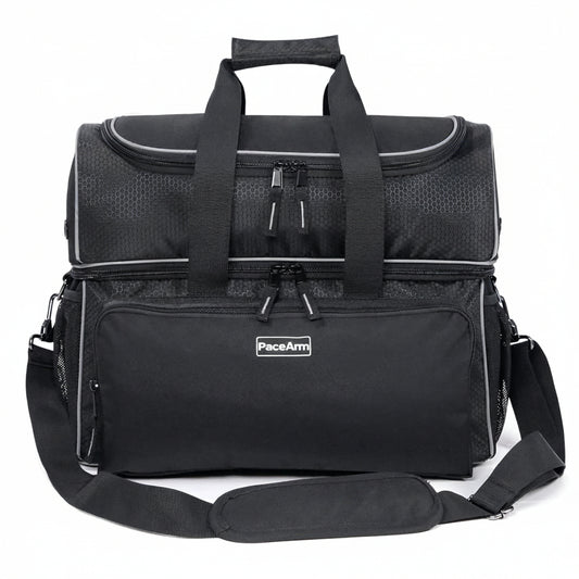 PaceArm 2 Ball Bowling Bag - Double Bowling Ball Bag with Dual Padded Holder & Mutiple Pockets - Fits Shoes Up to Mens Size 16 and Accessories