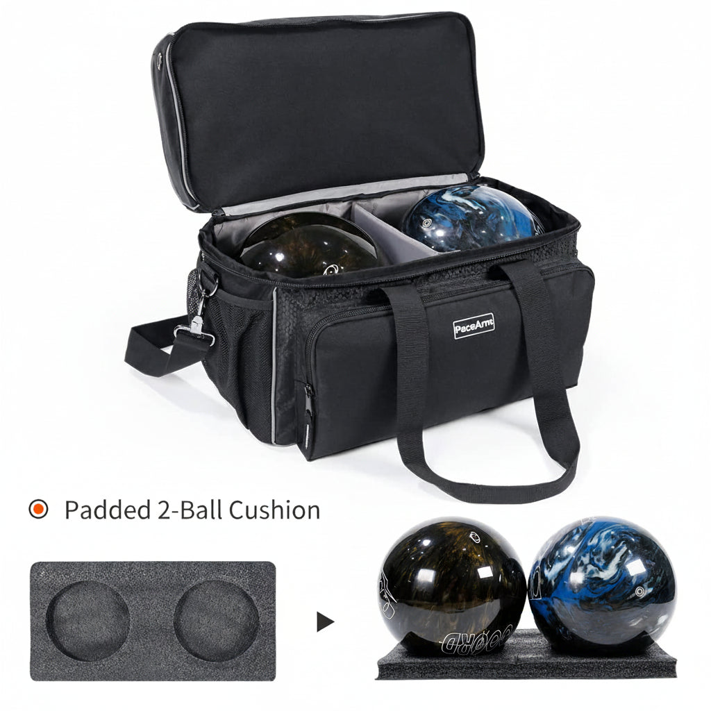PaceArm 2 Ball Bowling Bag - Double Bowling Ball Bag with Dual Padded Holder & Mutiple Pockets - Fits Shoes Up to Mens Size 16 and Accessories