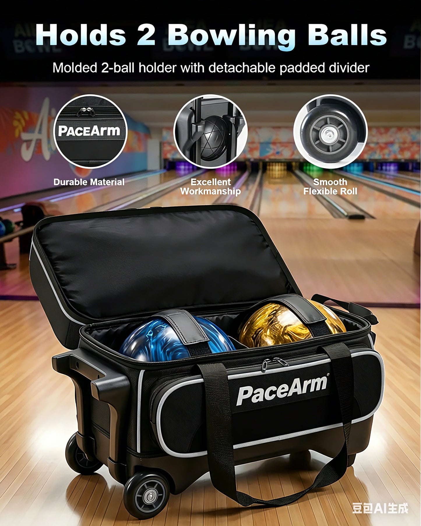 PaceArm 2 Ball Bowling Bag with Wheels, Double Bowling Ball Bag 2 Ball Roller w/Separate Compartment for Shoes Up to US Mens Size 16, w/Retractable Handle Extends to 40" & Accessories Pocket