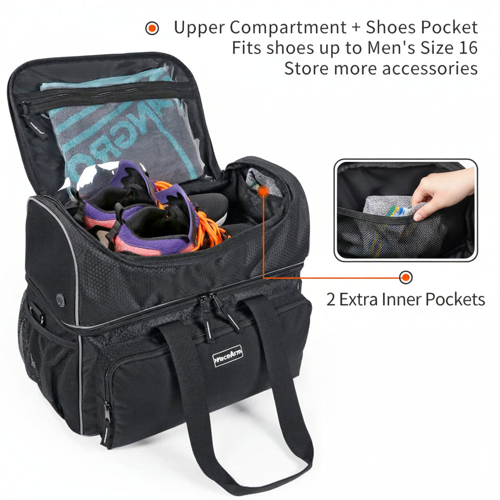 PaceArm 2 Ball Bowling Bag - Double Bowling Ball Bag with Dual Padded Holder & Mutiple Pockets - Fits Shoes Up to Mens Size 16 and Accessories