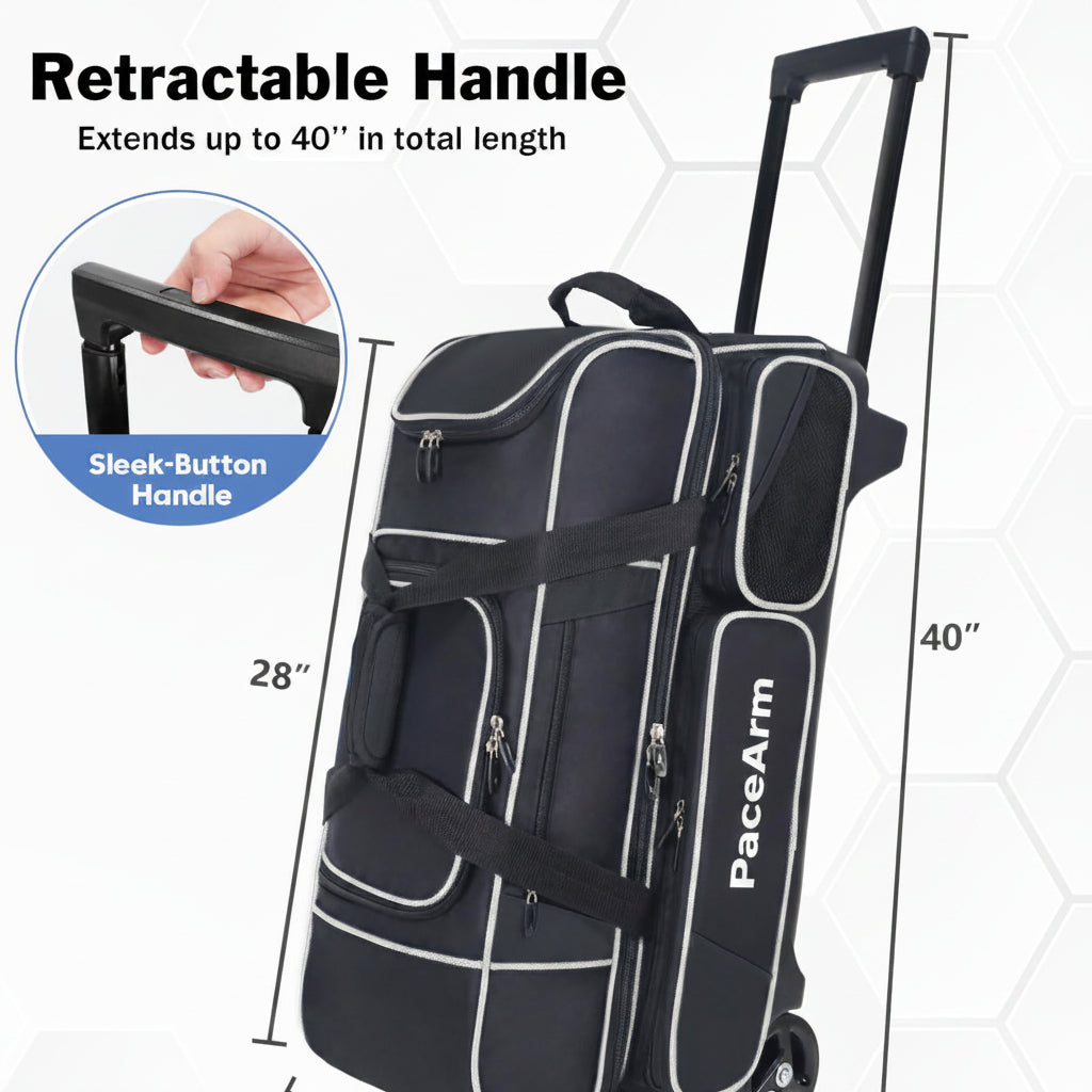 3 Ball Bowling Bags with Wheels & Shoe Pocket, Premium Bowling Ball Bag 3 Ball Roller, Effortless-Rolling 3 Ball Bowling Bag w/Multi-Storage Pockets & Telescopic Handle Extends to 40''