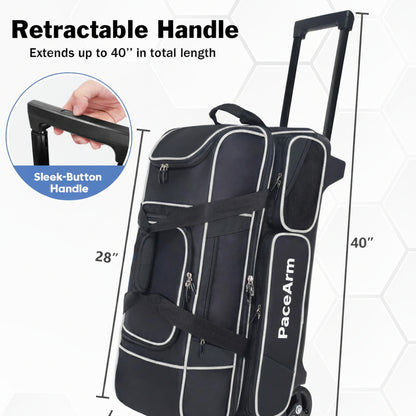 3 Ball Bowling Bags with Wheels & Shoe Pocket, Premium Bowling Ball Bag 3 Ball Roller, Effortless-Rolling 3 Ball Bowling Bag w/Multi-Storage Pockets & Telescopic Handle Extends to 40''