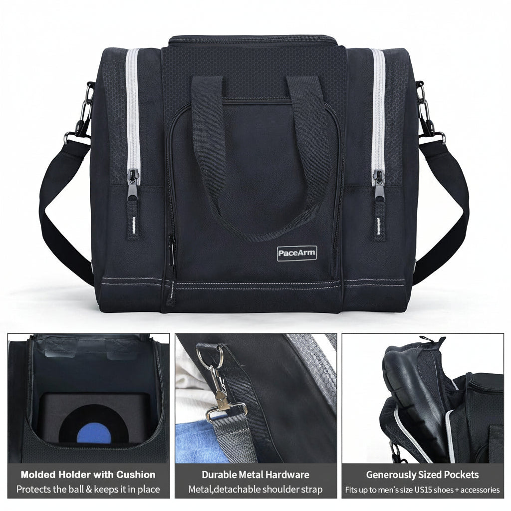 PaceArm Bowling Ball Bag for Single Ball, 2025 Bowling Bag with Plastic Ball Holder, Durable Bowling Tote Fits Bowling Shoes Up to Mens Size 14 and Accessories