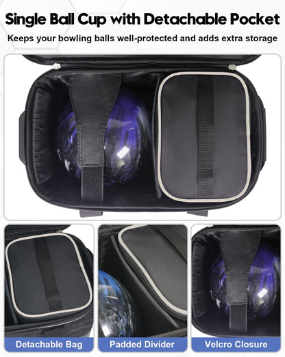 Single Bowling Ball Bag with Wheels, Deluxe Rolling Bowling Bags 1 Ball and Shoes Pocket w/Molded BallCup, Bonus Storage Bag, 40" Retractable Handle - Large 1 Ball Bowling Bags with Wheels