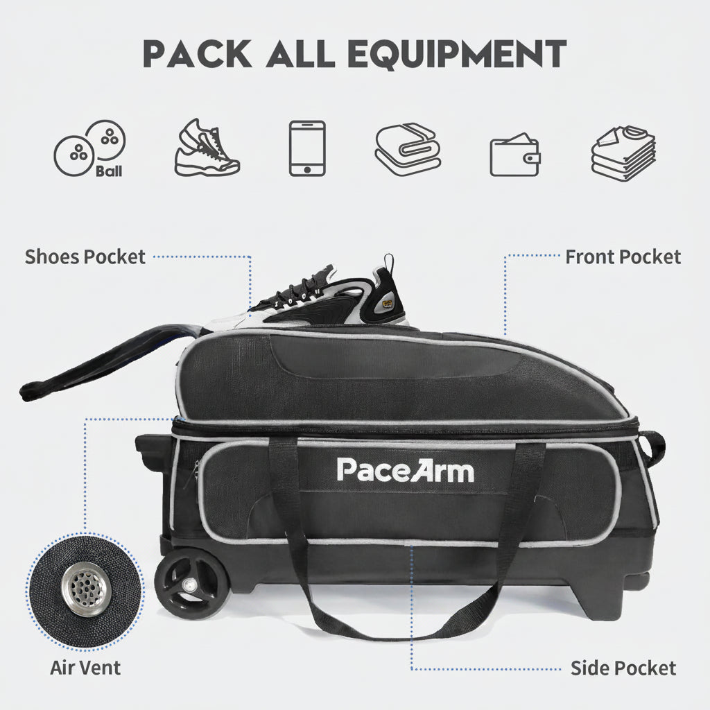 PaceArm 3 Ball Bowling Bag with Wheels & Shoe Compartment, Deluxe Bowling Ball Bag 3 Ball Roller, Rolling Triple-Ball Bag w/Accessory Pocket & Retractable Handle Extends to 40''