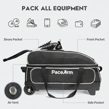 PaceArm 3 Ball Bowling Bag with Wheels & Shoe Compartment, Deluxe Bowling Ball Bag 3 Ball Roller, Rolling Triple-Ball Bag w/Accessory Pocket & Retractable Handle Extends to 40''