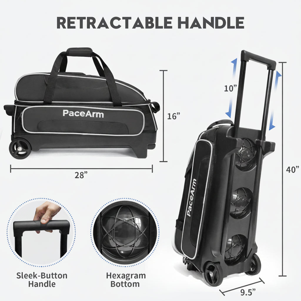 PaceArm 3 Ball Bowling Bag with Wheels & Shoe Compartment, Deluxe Bowling Ball Bag 3 Ball Roller, Rolling Triple-Ball Bag w/Accessory Pocket & Retractable Handle Extends to 40''