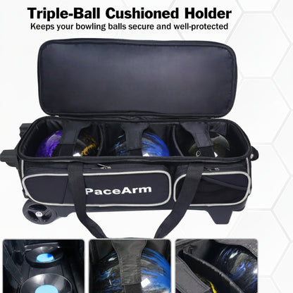 3 Ball Bowling Bags with Wheels & Shoe Pocket, Premium Bowling Ball Bag 3 Ball Roller, Effortless-Rolling 3 Ball Bowling Bag w/Multi-Storage Pockets & Telescopic Handle Extends to 40''