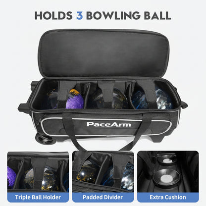 PaceArm 3 Ball Bowling Bag with Wheels & Shoe Compartment, Deluxe Bowling Ball Bag 3 Ball Roller, Rolling Triple-Ball Bag w/Accessory Pocket & Retractable Handle Extends to 40''