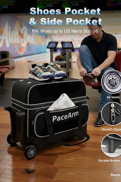 PaceArm 2 Ball Bowling Bag with Wheels, Double Bowling Ball Bag 2 Ball Roller w/Separate Compartment for Shoes Up to US Mens Size 16, w/Retractable Handle Extends to 40" & Accessories Pocket