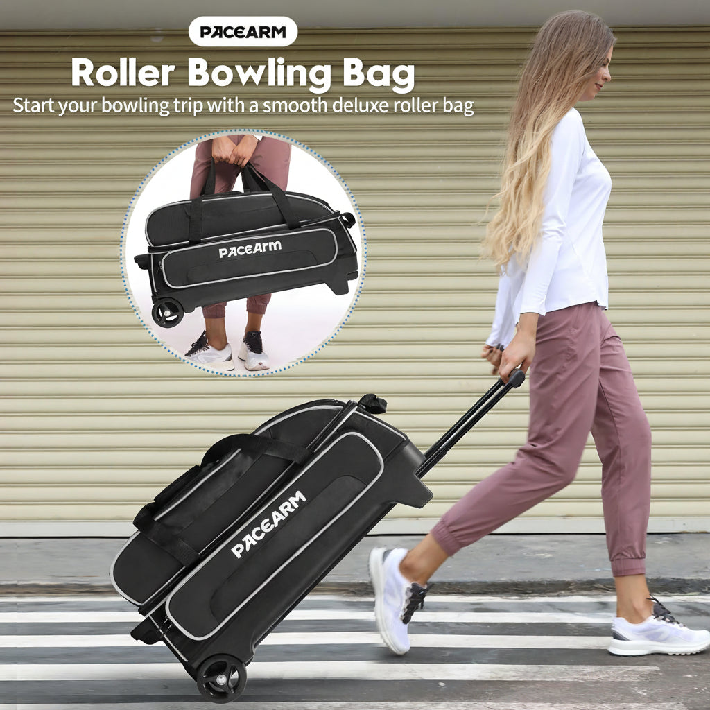 PaceArm 3 Ball Bowling Bag with Wheels & Shoe Compartment, Deluxe Bowling Ball Bag 3 Ball Roller, Rolling Triple-Ball Bag w/Accessory Pocket & Retractable Handle Extends to 40''