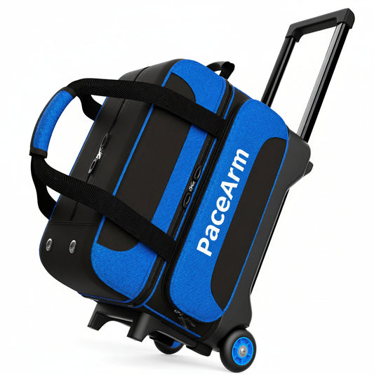 PaceArm 2 Ball Bowling Bag with Wheels, Double Bowling Ball Bag 2 Ball Roller w/Separate Compartment for Shoes Up to US Mens Size 16, w/Retractable Handle Extends to 40" & Accessories Pocket