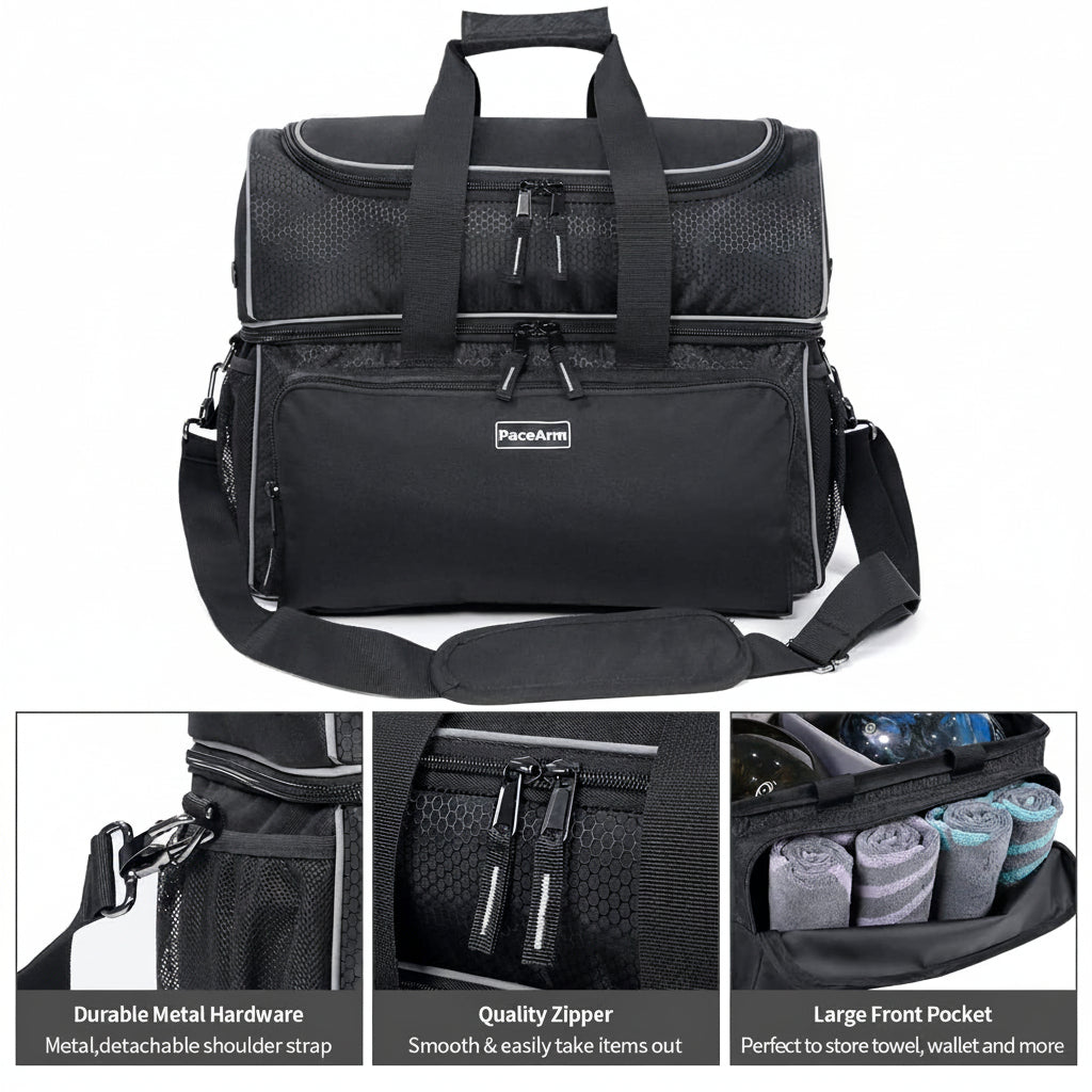PaceArm 2 Ball Bowling Bag - Double Bowling Ball Bag with Dual Padded Holder & Mutiple Pockets - Fits Shoes Up to Mens Size 16 and Accessories