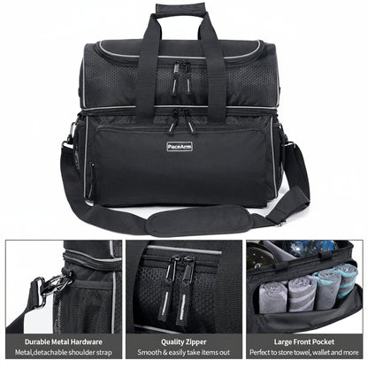 PaceArm 2 Ball Bowling Bag - Double Bowling Ball Bag with Dual Padded Holder & Mutiple Pockets - Fits Shoes Up to Mens Size 16 and Accessories