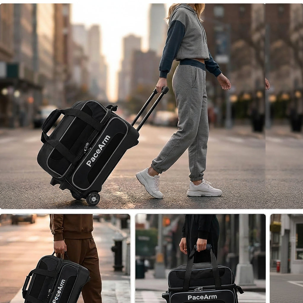 PaceArm 2 Ball Bowling Bag with Wheels, Double Bowling Ball Bag 2 Ball Roller w/Separate Compartment for Shoes Up to US Mens Size 16, w/Retractable Handle Extends to 40" & Accessories Pocket