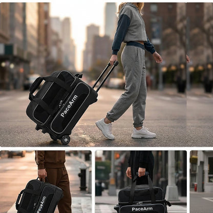 PaceArm 2 Ball Bowling Bag with Wheels, Double Bowling Ball Bag 2 Ball Roller w/Separate Compartment for Shoes Up to US Mens Size 16, w/Retractable Handle Extends to 40" & Accessories Pocket