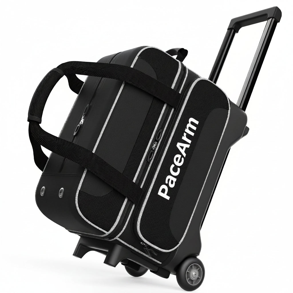PaceArm 2 Ball Bowling Bag with Wheels, Double Bowling Ball Bag 2 Ball Roller w/Separate Compartment for Shoes Up to US Mens Size 16, w/Retractable Handle Extends to 40" & Accessories Pocket