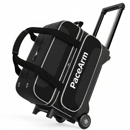 PaceArm 2 Ball Bowling Bag with Wheels, Double Bowling Ball Bag 2 Ball Roller w/Separate Compartment for Shoes Up to US Mens Size 16, w/Retractable Handle Extends to 40" & Accessories Pocket