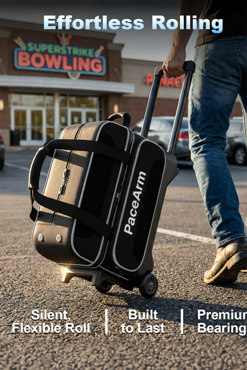 PaceArm 2 Ball Bowling Bag with Wheels, Double Bowling Ball Bag 2 Ball Roller w/Separate Compartment for Shoes Up to US Mens Size 16, w/Retractable Handle Extends to 40" & Accessories Pocket