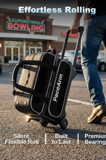 PaceArm 2 Ball Bowling Bag with Wheels, Double Bowling Ball Bag 2 Ball Roller w/Separate Compartment for Shoes Up to US Mens Size 16, w/Retractable Handle Extends to 40" & Accessories Pocket