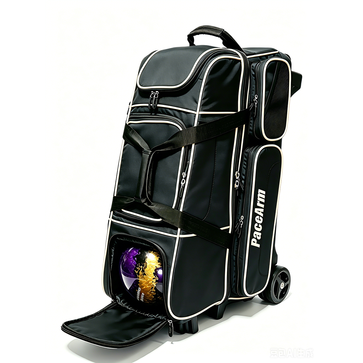 PaceArm Deluxe 4 Bowling Ball Roller Bag with Wide Smooth Wheels - 4 Large Accessory Pockets, Shoe Compartment, Extendable Handle