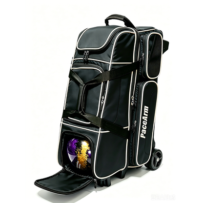 PaceArm Deluxe 4 Bowling Ball Roller Bag with Wide Smooth Wheels - 4 Large Accessory Pockets, Shoe Compartment, Extendable Handle